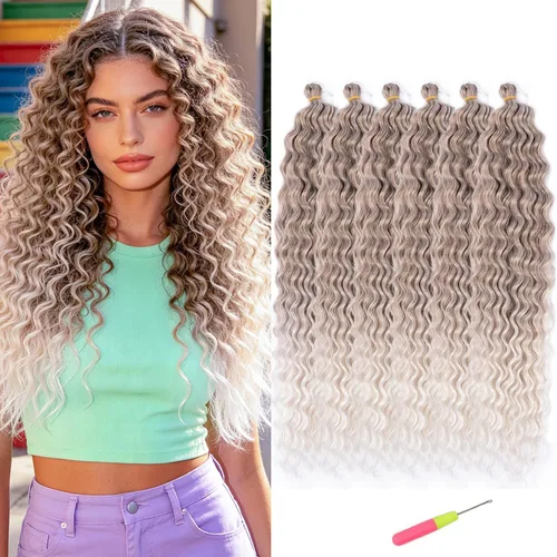 Vista 7 de MAYSA Cabello ondulado de ganchillo azul, cabello ondulado con ganchillo para mujer, extensiones de cabello sintético de onda profunda de 22