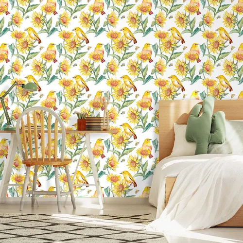 Vista 3 de VaryStyle Papel tapiz vintage de girasol de 17.7 x 118 pulgadas, acuarela amarillo brillante/verde, pájaros florales, despegar y pegar, papel