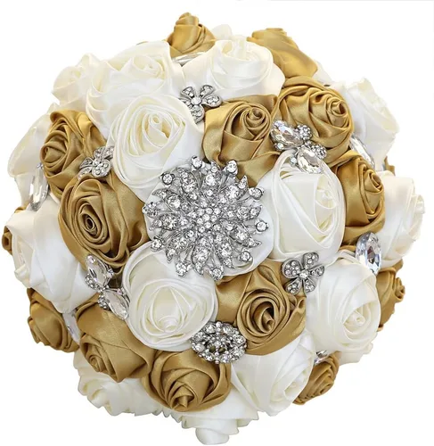 Vista 12 de Sharebeauty Ramo de novia de satén hecho a mano de 7.9 pulgadas, ramo de boda, ramo de flores artificiales