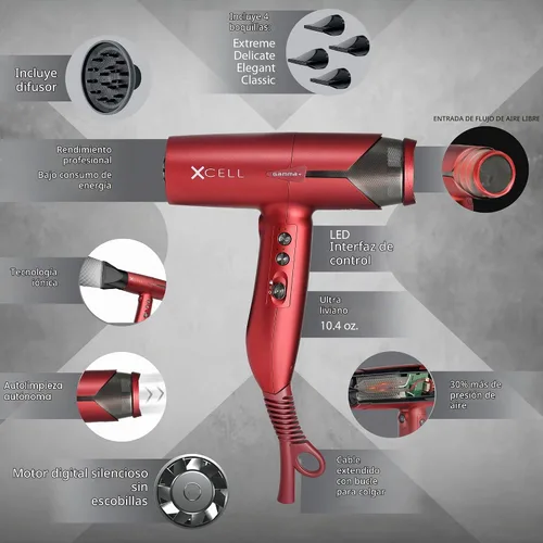 Vista 2 de GAMMA+ XCell Professional Ultra-Lightweight Hair Dryer with Digital Motor Rojo mate