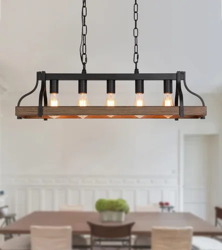 Vista 10 de MEIXISUE Lámpara rústica para isla de cocina, comedor, candelabro lineal estilo granja, acabado negro y madera retro, 4 luces, lámpara colgante