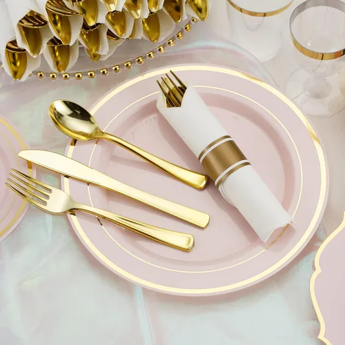 Vista 7 de Juego de 50 cubiertos de plástico dorado preenrollados con servilletas, juego de cubiertos desechables envueltos resistentes para bodas, fiestas