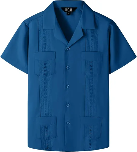 Vista 13 de JOGAL Camisas guayabera cubanas para niños de manga corta con botones, camisa casual de playa Verde militar