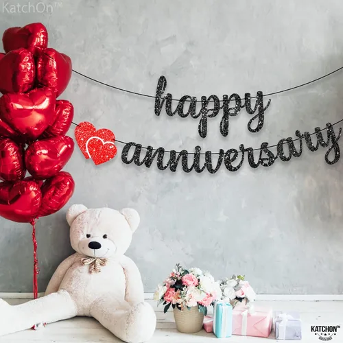Vista 6 de KatchOn, Cartel de feliz aniversario con purpurina negra, 10 pies, sin bricolaje, decoraciones románticas de feliz aniversario, decoraciones