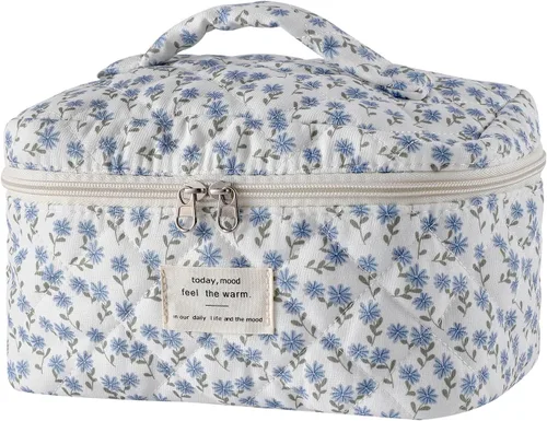 Vista 17 de uekeboag - Bolsa de maquillaje grande de viaje acolchada para mujer, neceser de algodón con estampado floral, neceser con estampado floral
