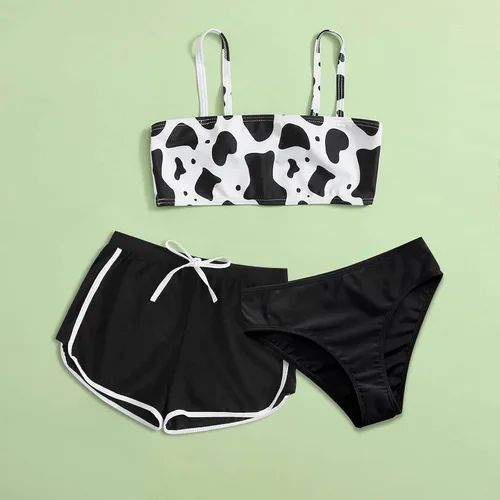 Vista 3 de Traje de baño para niña con estampado de vaca, pantalones cortos de color sólido, traje de baño de verano, 3 piezas, cintura alta (negro, 10 años)