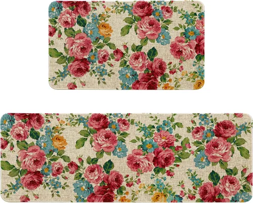 Vista 30 de Alfombras de Cocina Vintage Negras y Verdes Botánicas, Juego de 2 Alfombras de Cocina Antideslizantes Lavables, Tapetes de Cocina con Helechos