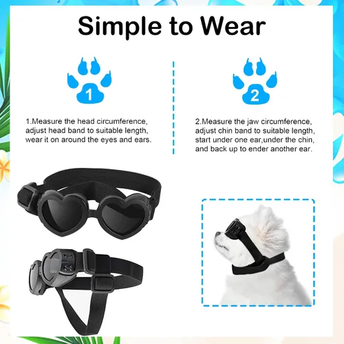 Vista 7 de Gafas de sol para perros de raza pequeña, protección UV con correa ajustable, gafas en forma de corazón para impermeables, resistentes al viento