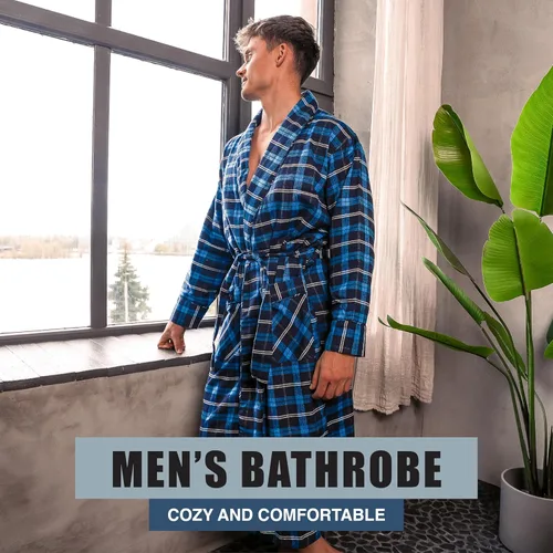 Vista 2 de NORTY Bata de baño suave de algodón cepillado para hombre, bata con cuello de chal, perfecta para baño, spa, dormitorio y más