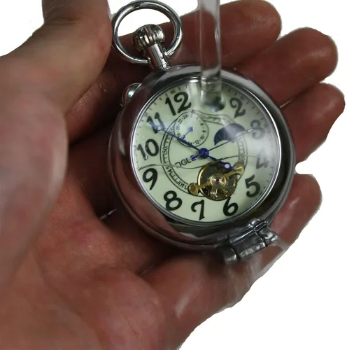 Vista 2 de OGLE Lupa plateada impermeable Tourbillon Phases Moon Chain Fob Auto Bobinado automático Skeleton Half Hunters Reloj de bolsillo mecánico