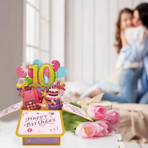 Vista 4 de Asmallgf Tarjeta Emergente Feliz 10 Cumpleaños para Hija Sobrina, Mejor Regalo de Cumpleaños para Niña Niño de 10 Años, Dulces Decoraciones