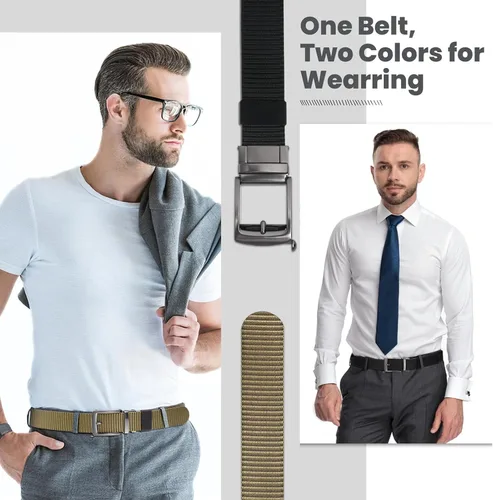 Vista 3 de Cinturones de trinquete de liberación rápida para hombre, cinturón de nailon reversible dos en uno para hombre casual y vestido deportivo