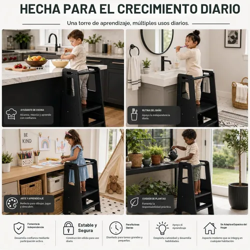 Vista 4 de Taburete de cocina para niños pequeños, ayudante de pie de madera ajustable de 3 niveles con barandilla, taburete de cocina para niños para cocinar
