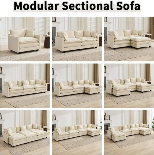 Vista 7 de Sofá seccional modular, sofá seccional en forma de L de 76.7 pulgadas con otomana móvil, cómodo loveseat de chenilla nube con reposabrazos