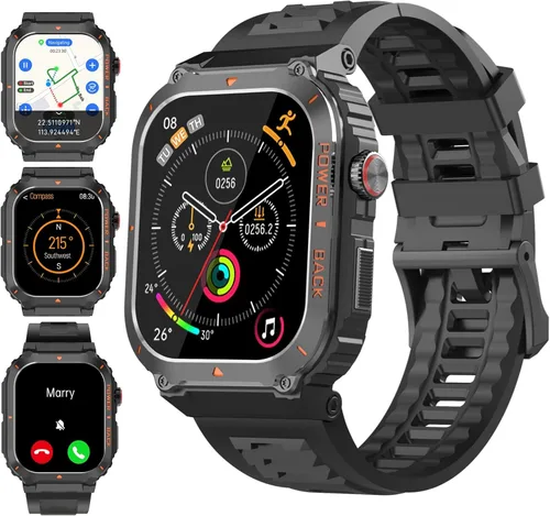 Vista 10 de Reloj inteligente para hombre, relojes inteligentes militares con GPS con llamada/texto, monitor de salud (frecuencia cardíaca/spO2/sueño), Negro