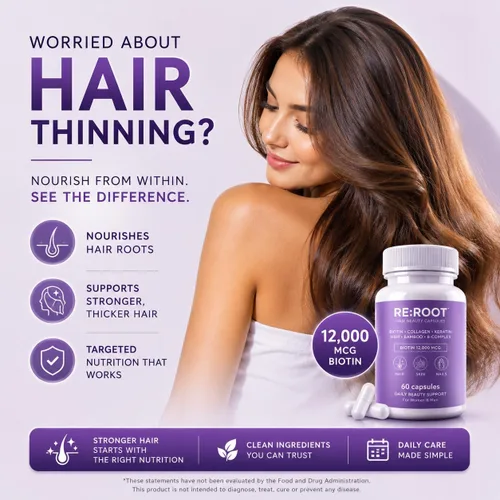 Vista 3 de RE:ROOT Cápsulas de belleza capilar – Biotina 12,000 mcg, colágeno, queratina, MSM, bambú – para cabello, piel y uñas – 60 cápsulas veganas