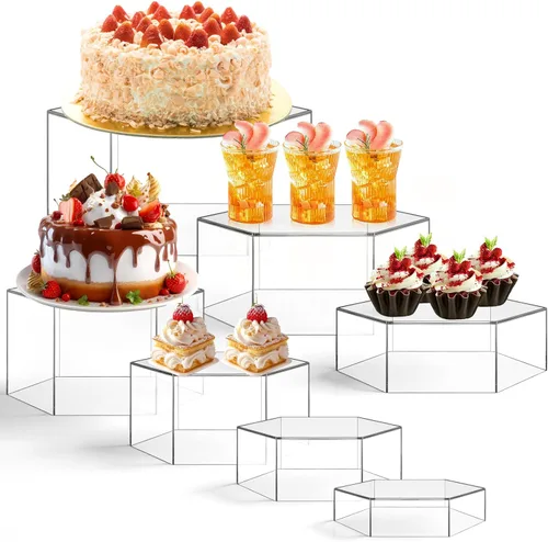 Vista 14 de Leinuosen Juego de 7 Elevadores Grandes para Buffet de 6" a 12" Caja de Exhibición de Acrílico Elevador de Mesa de Postres para Catering Soporte