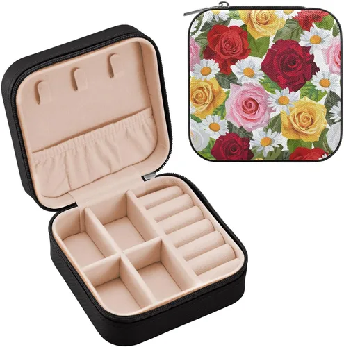 Vista 2 de Kigai Rose Daisy Travel Jewelry Box Organizer for Women, PU Leather Portable Small Jewelry Storage Holder Box for Earrings Rings Necklaces Bracelet