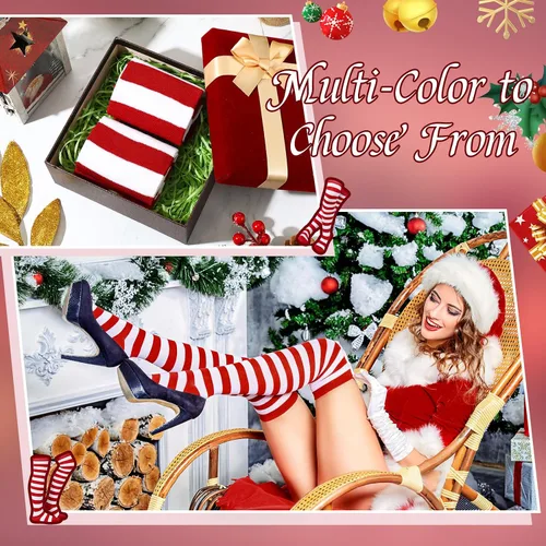 Vista 7 de kymqlyw 6 Pairs Over Knee Long Striped Socks for Women Thigh High Sock Stockings Christmas Girls Party Stocking Costume
