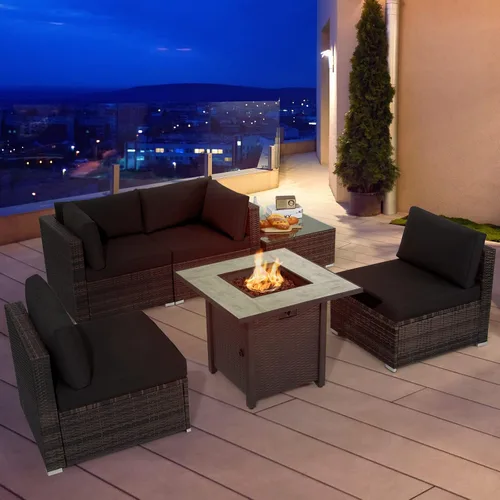 Vista 2 de Tangkula Patiojoy Juego de sofá de ratán para exteriores de 6 piezas con mesa de fuego de gas propano de 30 pulgadas, mesa de cerámica para fuego