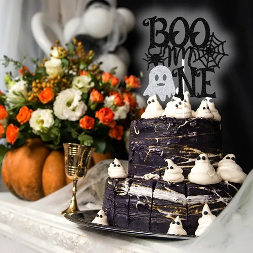 Vista 4 de Decoración negra para tartas "I'm One" con purpurina negra, The Spooky One/Baby Boo, decoración de fiesta de baby shower con temática de Halloween