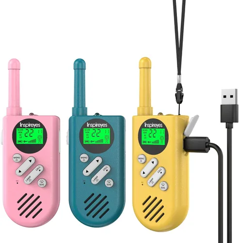 Vista 22 de Inspireyes Walkie Talkies para niños recargables, juguetes para niños y niñas de 3 a 12 años, paquete de 2 radios bidireccionales de largo alcance