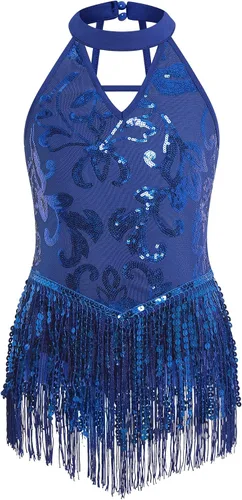 Vista 8 de IBAKOM Body de lentejuelas brillantes con flecos y cuello halter en V, leotardo de gimnasia para niños, espalda abierta, jazz latino, hip hop