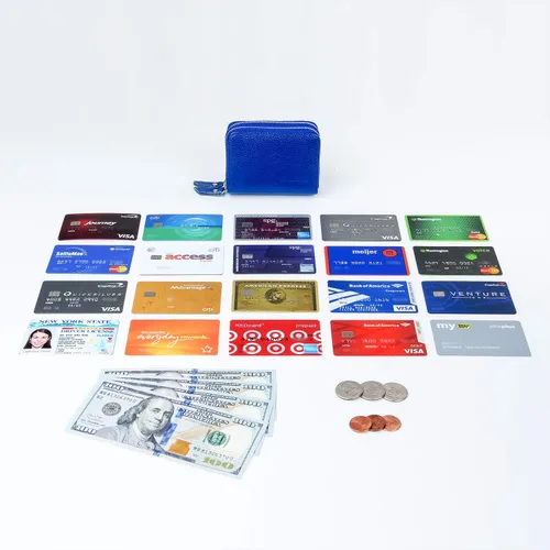 Vista 6 de KALMOR Billeteras de cuero para mujer con doble cremallera RFID bloqueo bolsillo para monedas Azul
