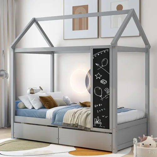 Vista 26 de RUNNA Marco de cama de madera de tamaño matrimonial con valla, para niños, adolescentes, niñas, niños, (Natural-Thinck 4col)