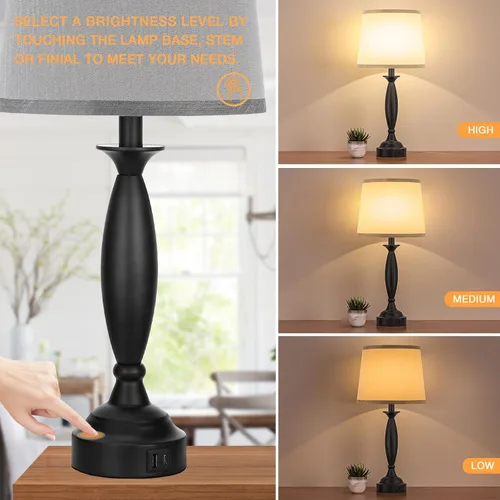 Vista 2 de Juego de 2 lámparas grises para dormitorio, lámpara de noche con control táctil con USB C+A, lámparas de mesita de noche regulables de 3 vías