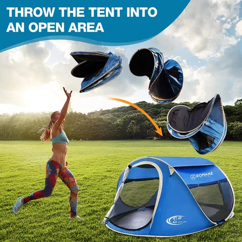 Vista 6 de ZOAMKE - Tienda de campaña fácil desplegable para 2 a 4 personas, impermeable, tienda de campaña emergente automática para acampar Azul 3-4 Persona