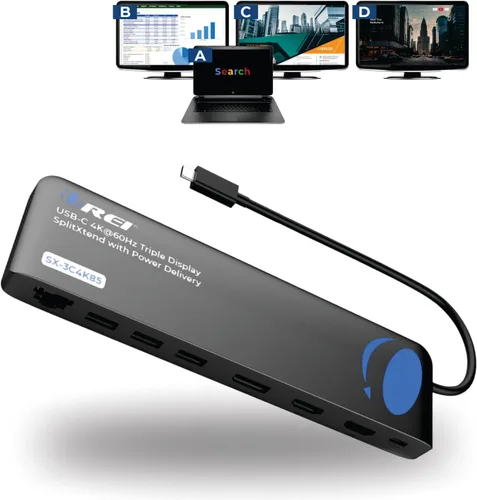 Vista 10 de OREI Estación de acoplamiento USB C Triple Monitor y base para portátil Estación de acoplamiento para laptop con 3 pantallas, 2 HDMI +