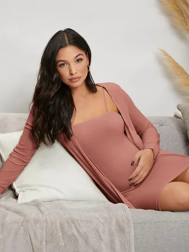 Vista 4 de MakeMeChic Conjunto de ropa de maternidad para mujer, vestido ajustado acanalado y cárdigan para embarazo