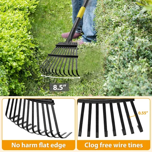 Vista 4 de Rastrillo de hojas de jardín para césped resistente, rastrillo de metal para patio con cabezal pequeño y estrecho de 9 pulgadas, mango largo