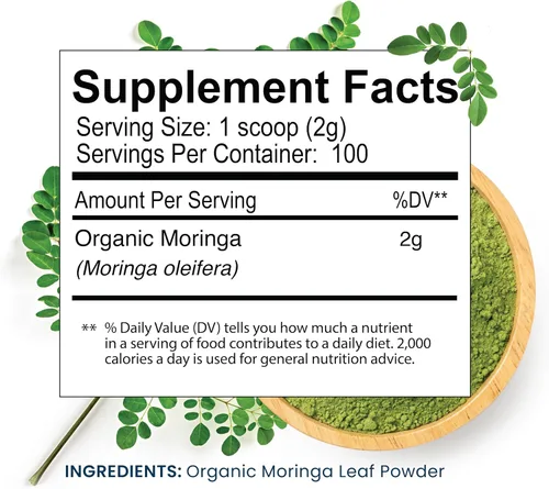 Vista 3 de Moringa orgánica en polvo, moringa colombiana recién molida, orgánica USDA, sin OMG, sin gluten, en una bolsa resellable para batidos, lattes