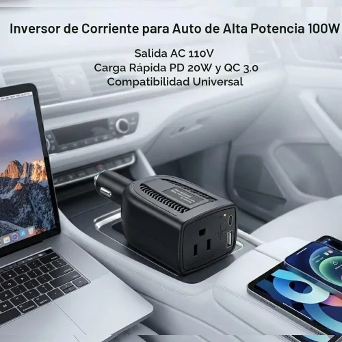 Vista 2 de HearGrow - Inversor de corriente de 100 W para vehículo: adaptador de cargador directo de encendedor de cigarrillos sin ventilador, negro