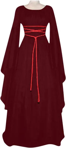 Vista 2 de Vestido vintage para mujer, de manga larga, cuello redondo, cinturón irregular, vestido de disfraz de Halloween 2022