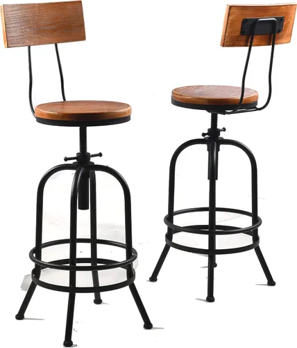 Vista 10 de Taburete de bar industrial, de 26 a 32 pulgadas, ajustable, giratorio, de piel sintética, taburete de bar con reposapiés, para cocina, comedor, pub