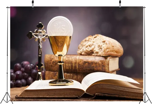 Vista 3 de Telón de fondo de tela de 5 x 3 pies para la primera comunión, objetos sagrados, Biblia, pan, vino, fotografía, fondo, iglesia cristiana, evento