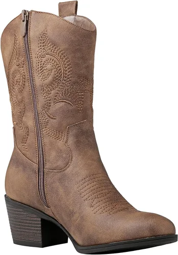 Vista 3 de GLOBALWIN Women's Mid Calf The Western Cowgirl Boots Fashion Cowboy Boots For Women Chunky Low Heel