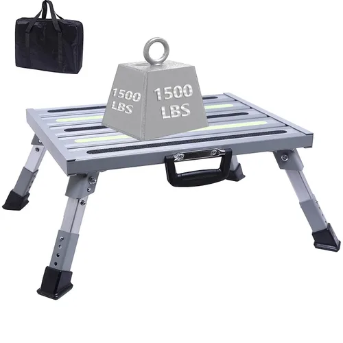 Vista 8 de Escalones de aluminio para caravana, taburete plegable ajustable de 4 niveles con patas de goma antideslizantes, plataforma de tira fluorescente
