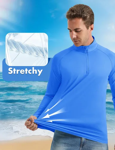 Vista 3 de CRYSULLY Camiseta de manga larga con cremallera de 1/4 para hombre, con protección solar, pullover UPF 50+, rash guard para correr, camiseta ligera