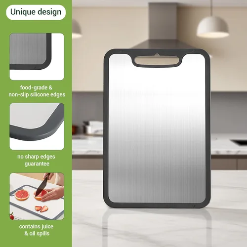 Vista 4 de Juego de tabla de cortar de titanio de 3 piezas, tablas de cortar de metal para cocina, tabla de cortar de acero inoxidable, tablas de cortar