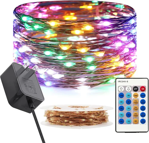 Vista 14 de RUICHEN Cadena de luces LED de alambre de cobre regulable de 33 pies, 100 luces LED enchufables con control remoto, blanco cálido