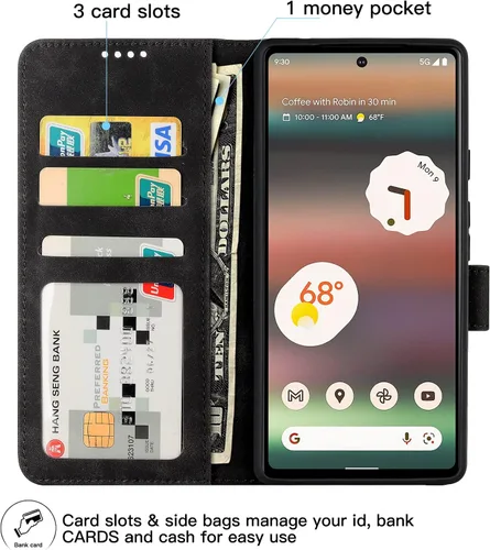 Vista 3 de Funda tipo cartera con tapa para Google Pixel 6a, [piel sintética + parachoques de TPU] [3 ranuras para tarjetas] [función de soporte]