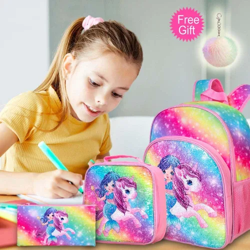 Vista 2 de Mochila para niñas y niños, mochila de dinosaurio y unicornio para estudiantes de preescolar primaria, mochilas para niños de 16 pulgadas