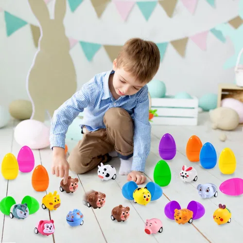 Vista 6 de DIYDEC 12 huevos de Pascua precargados con juguetes de auto para tirar hacia atrás, coloridos mini autos de carreras, regalos para niños, regalos