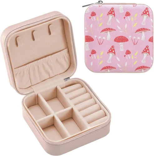Vista 2 de Joyero de viaje organizador para mujeres, niñas y hombres, pequeña caja de almacenamiento portátil para joyas, aretes, anillos, collares, hongos