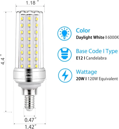 Vista 4 de Bombillas LED E12 de maíz [4.4 x 1.18 pulgadas], bombilla LED E12 de 20 W, equivalente a 150 W, 2000 lúmenes, 5000 K, luz blanca fría, no regulable