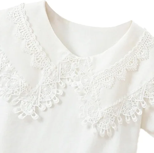 Vista 2 de Blusa bordada de encaje para niña pequeña, manga corta, cuello de muñeca de algodón, camiseta de uniforme escolar
